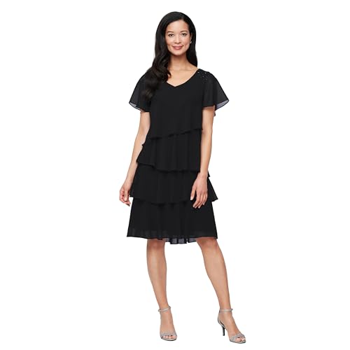 S.L. Fashions Women's V-Neck Chiffon Cocktail Dress with Beaded Shoulders and Asymmetrical Tiers, Black, 14