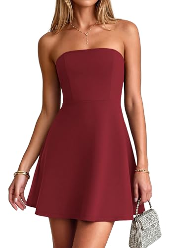 PRETTYGARDEN Women's Strapless A Line Mini Summer Dresses Wine Red,S