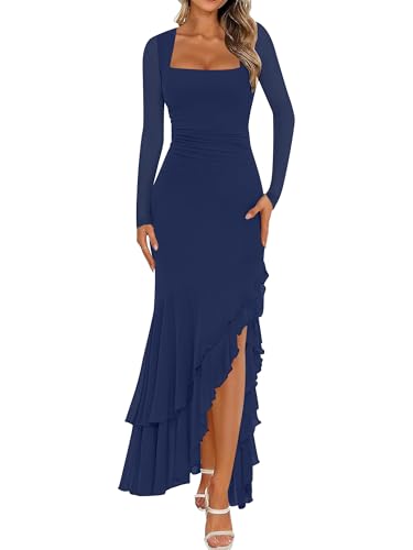 BORIFLORS Women's Bodycon Fall Wedding Guest Long Sleeve Maxi Dress,L,Navy