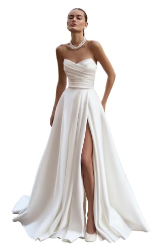 Ibpdea Strapless Wedding Dresses for Bride Satin Ball Gown A Line Ruched Formal Evening Dress Ivory Size 6