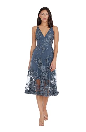 Dress the Population Women's Audrey Spaghetti Strap MIDI A-LINE 3D Floral Dress, Steel, S