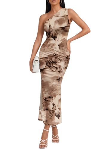 Trendy Queen Women's One Shoulder Cocktail Fall Wedding Guest Dresses 2026 | Bodycon Maxi Formal Summer Party Dinner Evening Vestido Sexy Ruched Beach Vacation Elegant Mesh Long Floral Coffee M