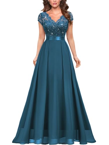 Miusol Women's Elegant V-Neck Cap Sleeve Sequined Floral Lace Formal Party Maxi Dress (Medium, Coral Blue)