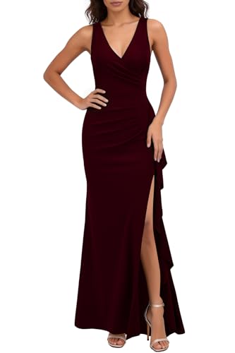 WOOSEA Women's Deep V Neck Sexy Ruffle Split Style Evening Formal Party Maxi Dress Burgundy