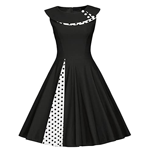Women Vintage 1950s Dress Polka Dot Cocktail Party Swing Dresses Black 2XL