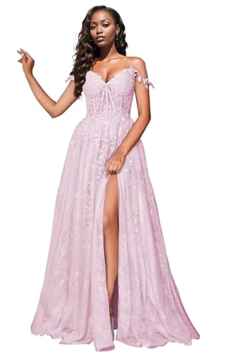 Kncpti Women's Spaghetti Straps Prom Dresses Lace Appliques Off Shoulder Tulle Sexy Split Long Formal Evening Party Gowns New Blush Pink 18