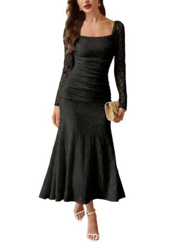 Womens Fall Long Sleeve Lace Wedding Dress for Bride Black S | Fall Wedding Guest Dresses For Women, Square Neck Slim Fit, Extra-Long Sleeve, Vintage Lace Dress
