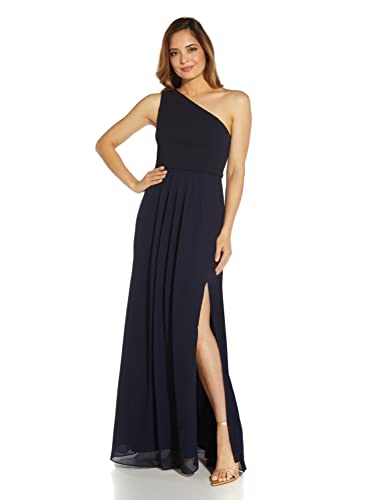 Adrianna Papell Women's One Shoulder Chiffon Gown, Midnight, 4