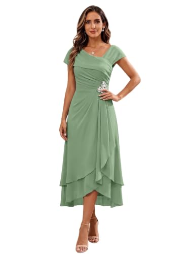 Petite Grandma of The Groom Dresses for Women V Neck Cap Sleeve Beaded Midi