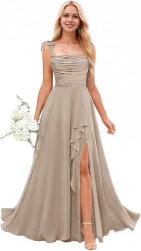 Eldecey Junior Bridesmaid Dresses Long Flower Girl Dress for Wedding Ruffle Spaghetti Straps Formal Dress for Girls Taupe US0