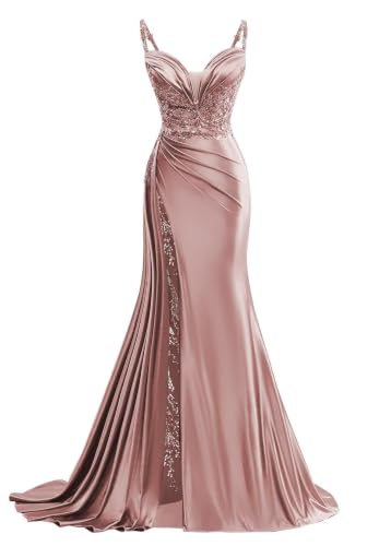 V Neck Satin Prom Dresses Long Mermaid Lace Formal Evening Gown with Slit