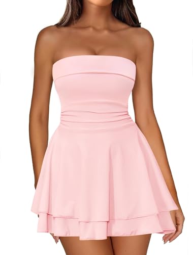 IWD Sexy Tube Top Mini Dress for Women Ruched Waist Short Strapless Cocktail Dresses Y2K A Line Party Valentines Day Dress Light Pink Small