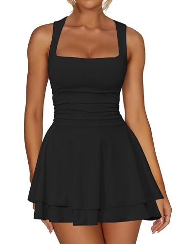 Kaximil Women's Square Neck Ruffle Hem Party Mini Dress, XL, Black | A Line Corset Ruched Waist Cute Birthday Homecoming Short Dresses