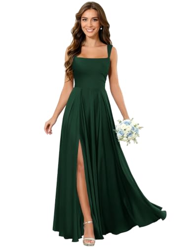 Fukbdz Emerald Green Bridesmaid Dresses Square Neck Satin Floor Length 8