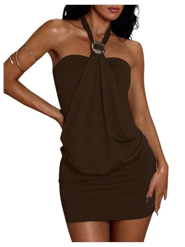 MakeMeChic Women's Halter Mini Dress Y2k Going Out Dresses Brown