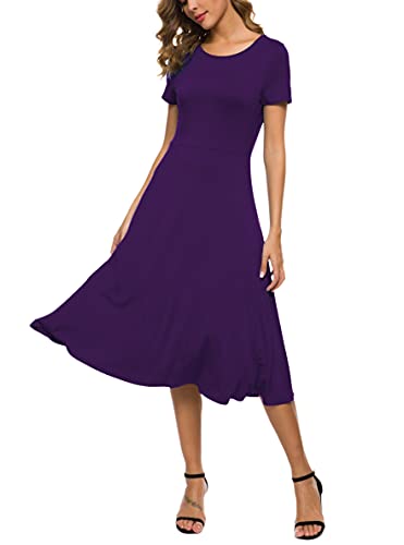 EXCHIC Women's Short Sleeve O-Neck Waisted Slim Solid Color Long Dress (M, Purple)