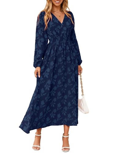 Simplee Womens Boho Floral Long Sleeve Maxi Dress Formal Wedding Guest Dresses Modest Church Dress Fall Outfits Navy Blue L