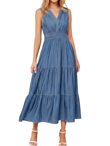 BerryGo Womens Denim Dress Sleeveless Jean Maxi Dress Empire Waist Flowy A Line Cowgirl Country Soft Chambray with Pockets(Medium Blue L)