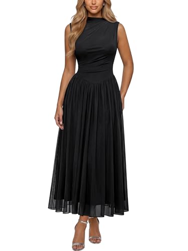 AISIZE Women's Mesh Sleeveless Flowy Ruched Waist Elegant Casual Dress | Soft stretch fabric, A-line, flattering, mock neck, draped, great for formal, vacation, brunch, parties & daily wear, banquet