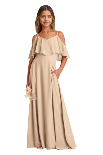 IIOIIOII Spaghetti Straps Bridesmaid and Flower Girl Dresses with Cold Shoulder, Chiffon A-Line Long Pleated Ruffles for Formal Occasions Champagne 4 II0013