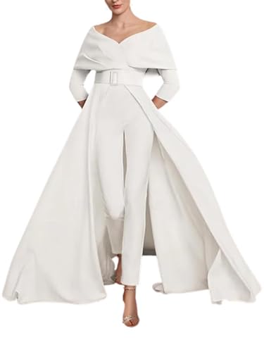 Off Shoulder Two Piece Jumpsuit Mother of The Bride Dresses for Women Ankle Length Satin Elegant Formal Evening Dress for Women Ivory Size 16