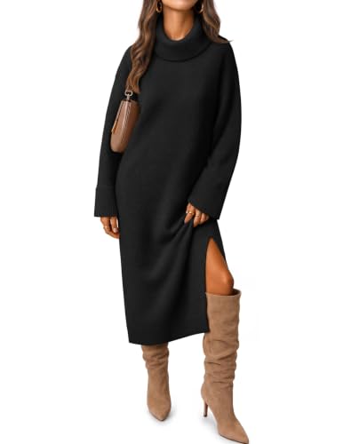 MEROKEETY Womens Oversized Turtleneck Chunky Knit Sweater Dress, Black, S | 2026 Fall Winter Fashion Maxi Dress, Casual Long Dress, Long Sleeve, High Neck Collar, Side Slit, Vintage Soft Cozy Dress