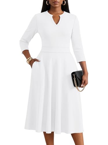 KARALIN Women Midi Dress 3/4 Sleeve Semi Formal Church with Pockets White | V Neck, A Line, Below Knee Midi Length, Stretch High Waist, Easy to Dress Up or Down, Elegant Cocktail, Wedding Guest, Work