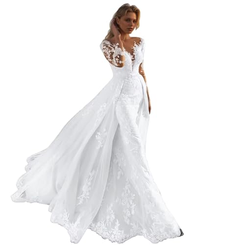 Flower Lace Applique Wedding Dress with Sleeve 2026 Long Mermaid Bridal Gown with Detachable Train Flower Embroidery GL0154-07-White 8