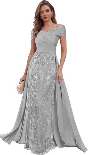 Silver Mother of The Groom Dresses for Women Sequin Lace Evening Dress