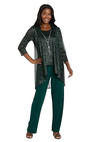 R&M Richards Women's 3-Piece Crinkle Pant Set | Duster Jacket, Straight Pants & Tank Top W/Necklace - Elegant Evening Outfit