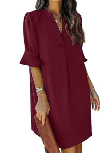QACOHU Fall Burgundy Dress for Women V Neck Ruffle Sleeve Shift Dress XXL