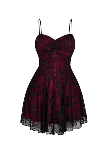 BEAUDRM Women's Plus Size Lace Gothic Dress Goth Grunge Mini Dress Ruffle Short Sundresses Burgundy XX-Large Plus