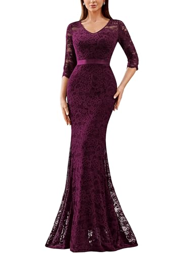 Miusol Women's Elegant V Neck Floral Lace Formal Evening Party Maxi Dress (Medium, Maroon)