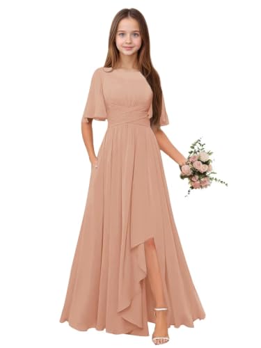 Qgeno Flower Girl Dresses Size 6 Rose Gold Junior Bridesmaid Dresses Chiffon Scoop Neck A Line Teen Wedding Party Gowns