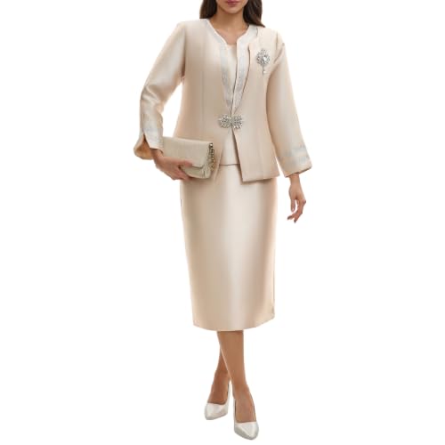 Women's Elegant Formal 3 Piece Church Suit with Rhinestone Trim Collar for Mother of the Bride Wedding Guest Dress Beige
