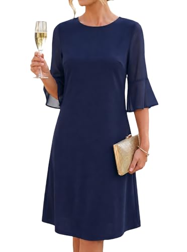 oten Women's Wedding Guest Formal Cocktail Anniversary Dress Navy Blue 2XL | Half Chiffon Bell Sleeve, A Line Dress, Tummy Hidding, Crew Neck, Knee Length, Modest Style,Cocktail Wedding Guest Outfits