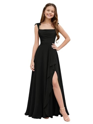 Gnleyane Scoop Neck Junior Bridesmaid Dresses for Wedding Spaghetti Straps Long Flower Girl Dresses for Girls Black Size 8