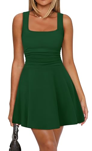 OFEEFAN Green Mini Dress Women Summer Square Neck Dress Vacation Dresses Ruched Waist Fit and Flare Dresses S