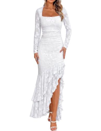 BORIFLORS Women's Elegant Fall Wedding Guest Long Sleeve Maxi Dress,S,White | Floral, Mermaid Ruffle, Square Neck, Ruched Mesh,Winter, Cocktail Party Forma, Long Dresses