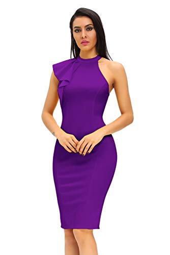 Women's Fashion Ruffle One Shoulder Sleeveless Midi Bodycon Cocktail Party Dress Small Purple