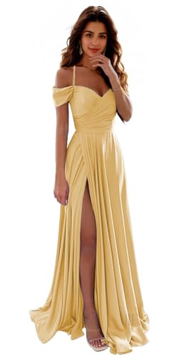 IIF Women's Long Off Shoulder Satin Bridesmaid Dresses A-Line Prom Dress with Pockets for Wedding Gold US Size 0 IIF006