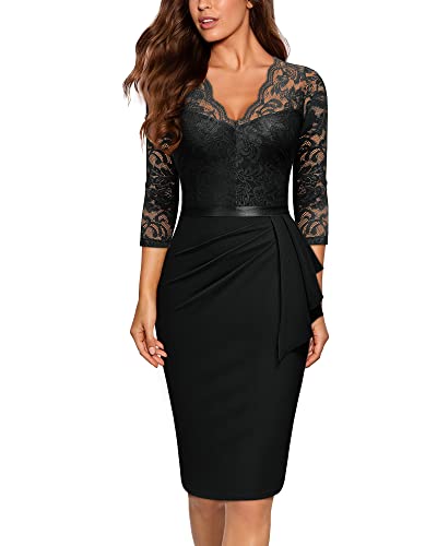 Miusol Women's Retro V Neck Floral Lace Ruffle Style Cocktail Party Dress