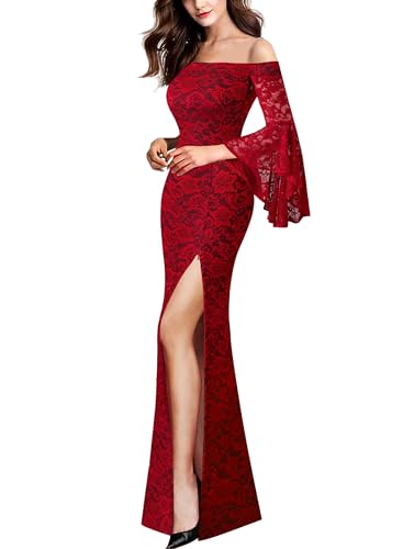 VFSHOW Womens Formal Prom Off Shoulder Ruffle Bell Sleeve Gala Maxi Dress | Sexy High Slit, Wedding Guest Party, Black Tie, Ball, Long Cocktail Evening Gown, Red Floral Lace and Black, M