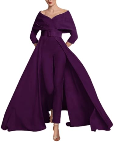 Elegant Satin Mother of The Bride Dresses for Wedding Off Shoulder Two Pieces Jumpsuit Ankle Length Evening Dress for Women Grape Size 12a