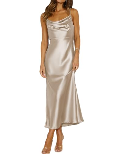 Mogidol Summer Spaghetti Strap Cowl Neck Backless Midi Dresses for Women Elegant Tie Low Back Ruched Cocktail Dress Champagne