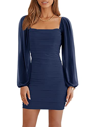 Wenrine Women's Mesh Long Sleeve Square Neck Ruched Party Club Cocktail Bodycon Mini Dress Navy Blue