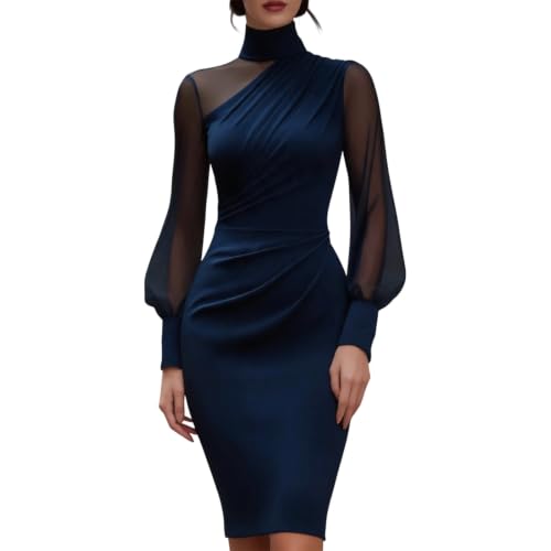 Women Elegant Turtleneck Lightweight Mesh Patchwork Long Sleeve Dress