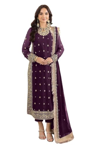 GRC Women's Straight Salwar Kameez Georgette with Embroidery Traditional Indian Pakistani Ready to Wear Dress (US, Alpha, Small, Regular, Regular, Purple)