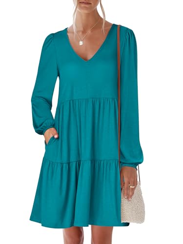 ANRABESS Womens Fall Long Sleeve V Neck Casual Short Dress Teal