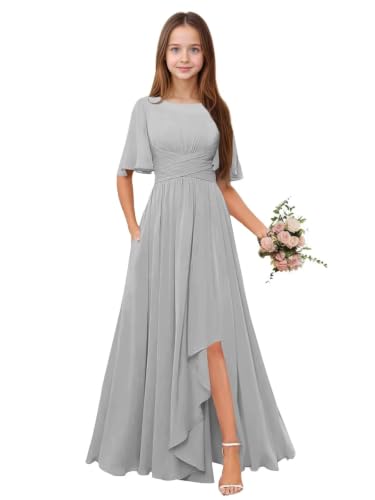 Qgeno Girls Chiffon Jr Bridesmaid Dresses Size 10-12 Flutter Sleeve Silver A Line Formal Flower Girl Dress Long with Slit